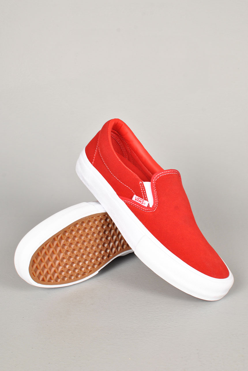 Red suede vans slip on sale ons